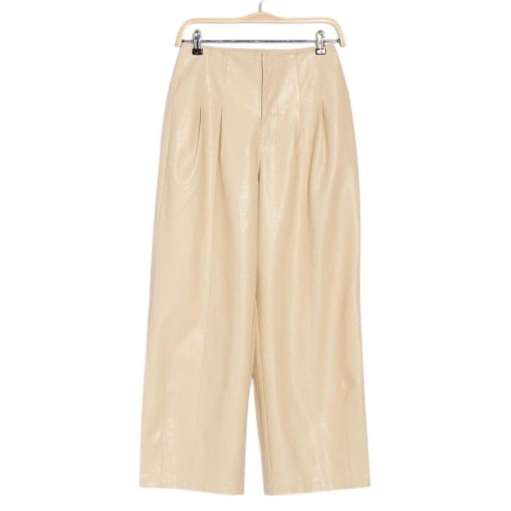 Avec Les Filles Faux Leather Barrel Wide Leg High Rise Pleated Cream Pants 8